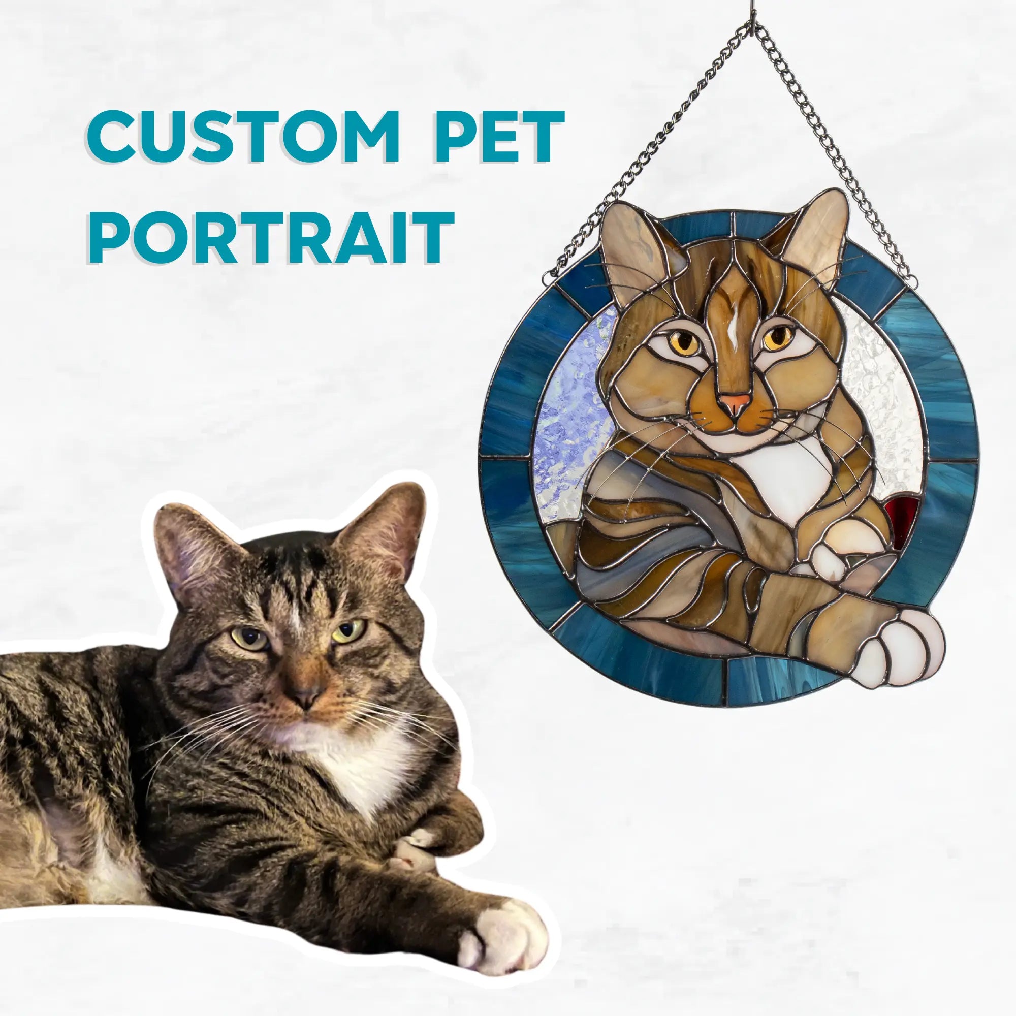 Real cat next to a custom pet portrait stained glass panel in a round frame on a white background