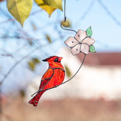 cardinal with pink flower stained glass window hanging
