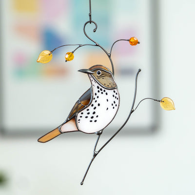 bird artwork of the wood thrush stained glass
