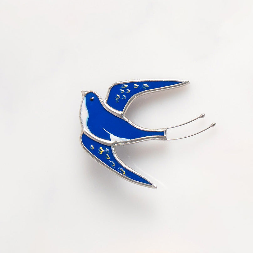 Stained glass blue swallow bird brooch