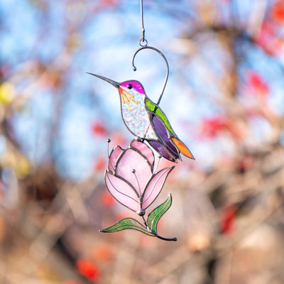 hummingbird with pink flower stained glass suncatcher