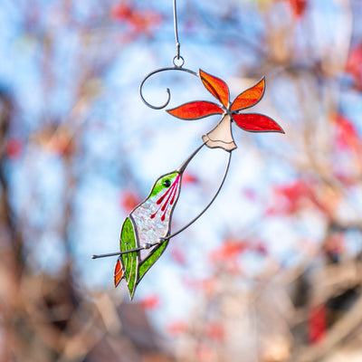 hummingbird with bell flower stained glass  window ornament 