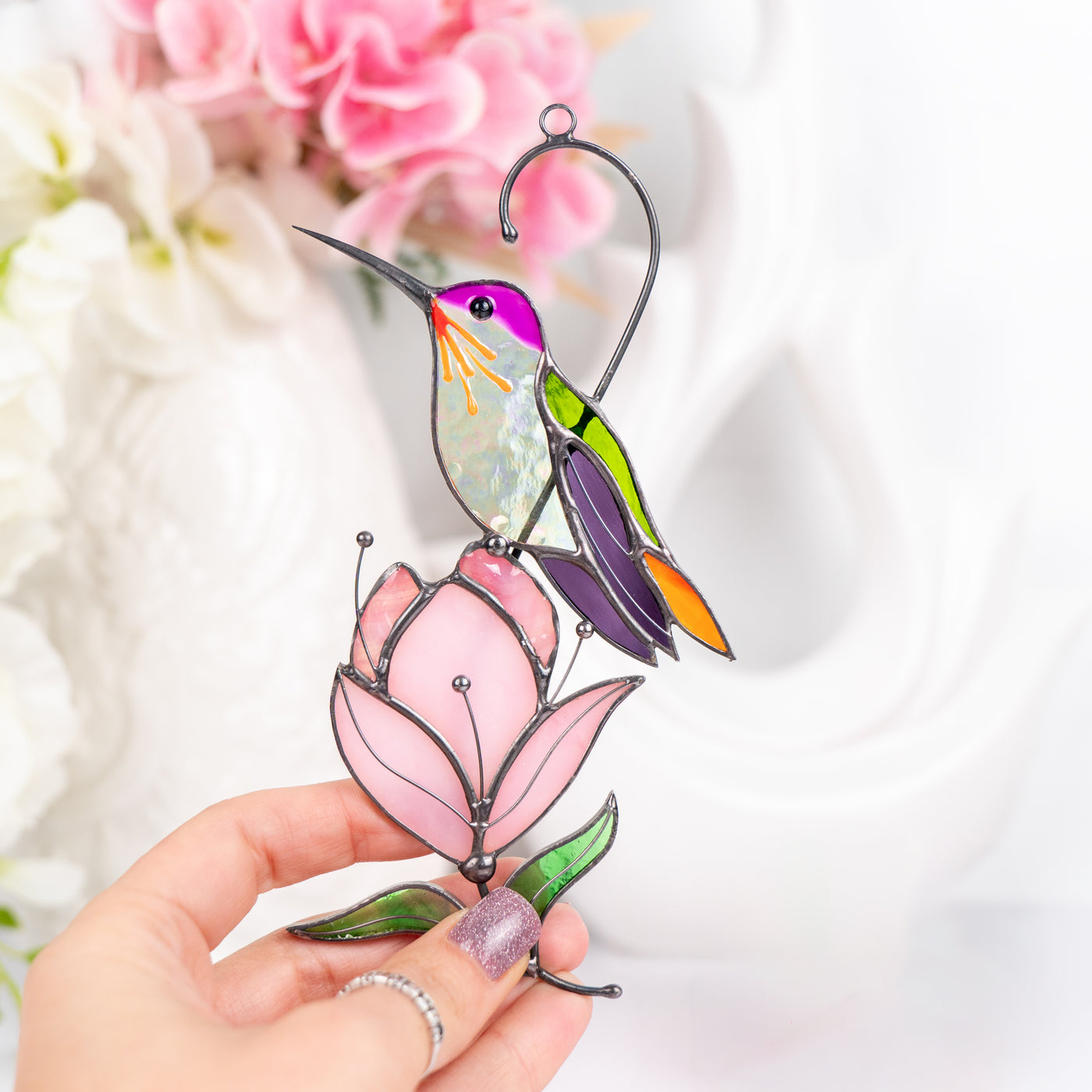 stained glass hummingbird with magnolia flower decor
