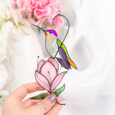 stained glass hummingbird with magnolia flower decor
