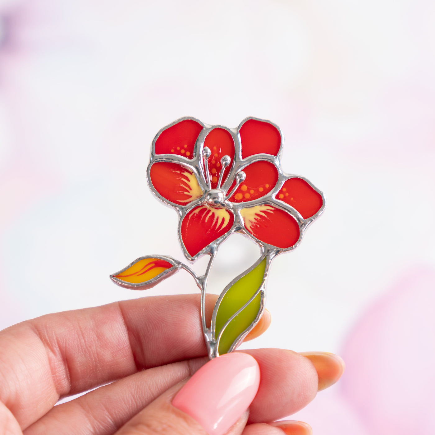 Zoomed stained glass red aster brooch