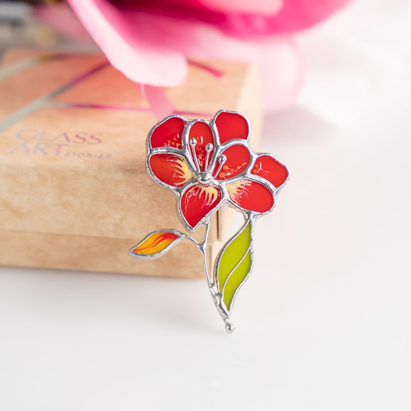 Stained glass red aster flower pin