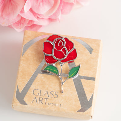 Red rose brooch of stained glass and a brand box