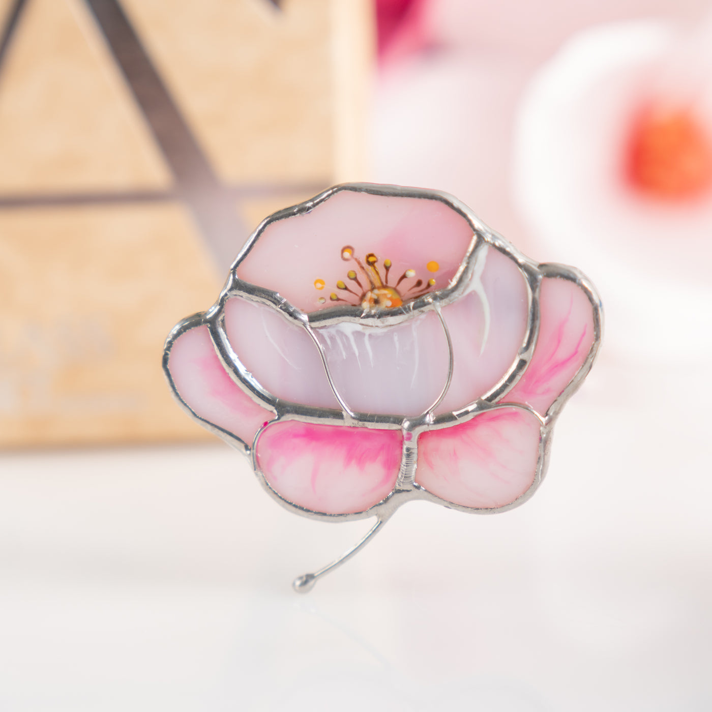Stained glass peony flower brooch