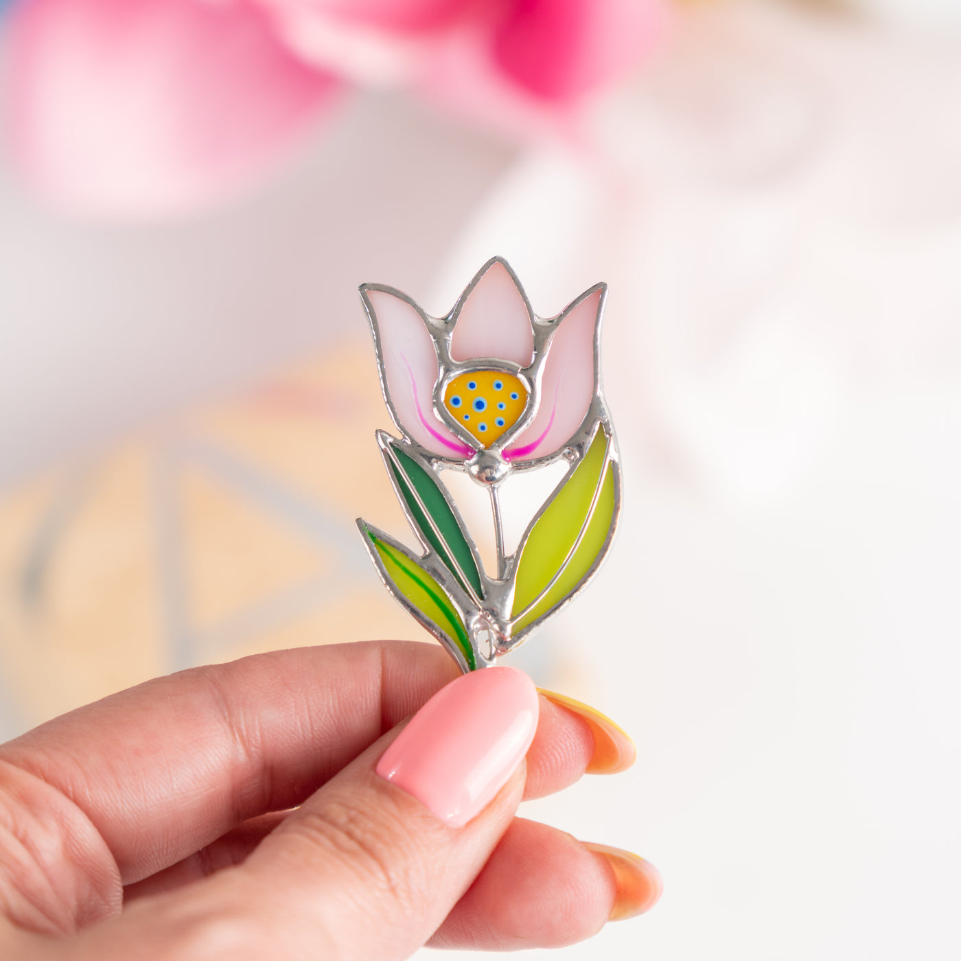 Stained glass pink anemone flower brooch