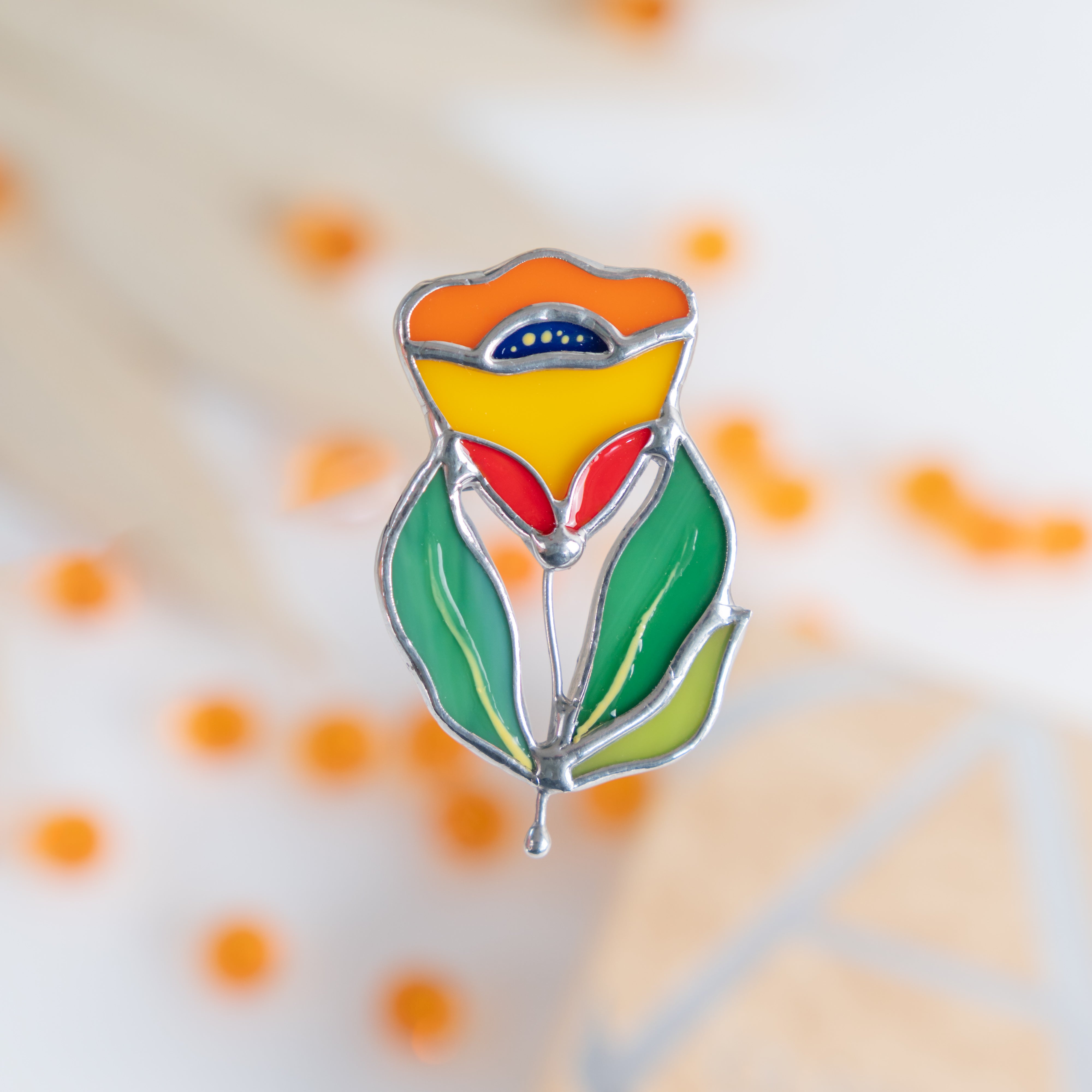 Stained glass zinnia flower brooch