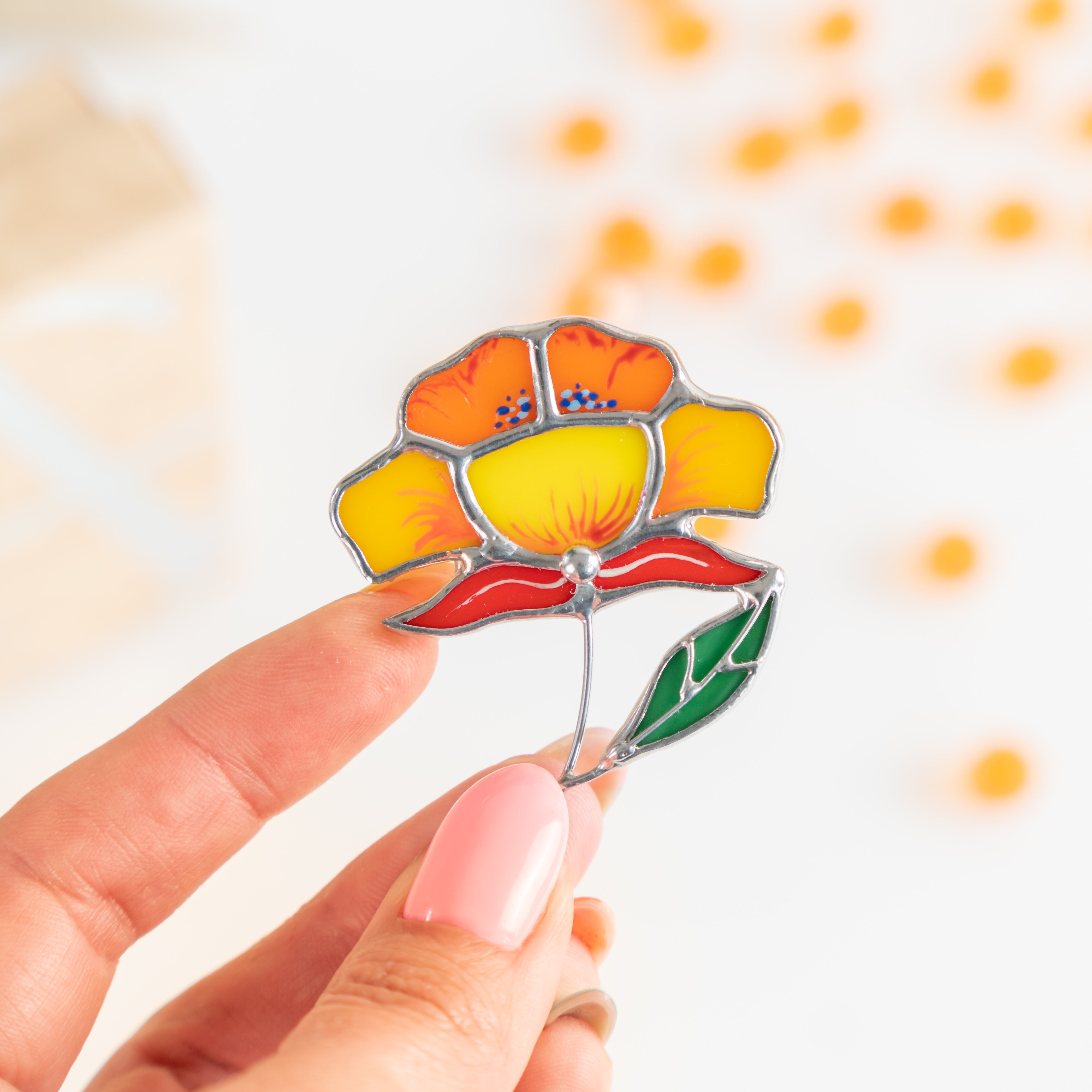 Zoomed stained glass peony flower pin