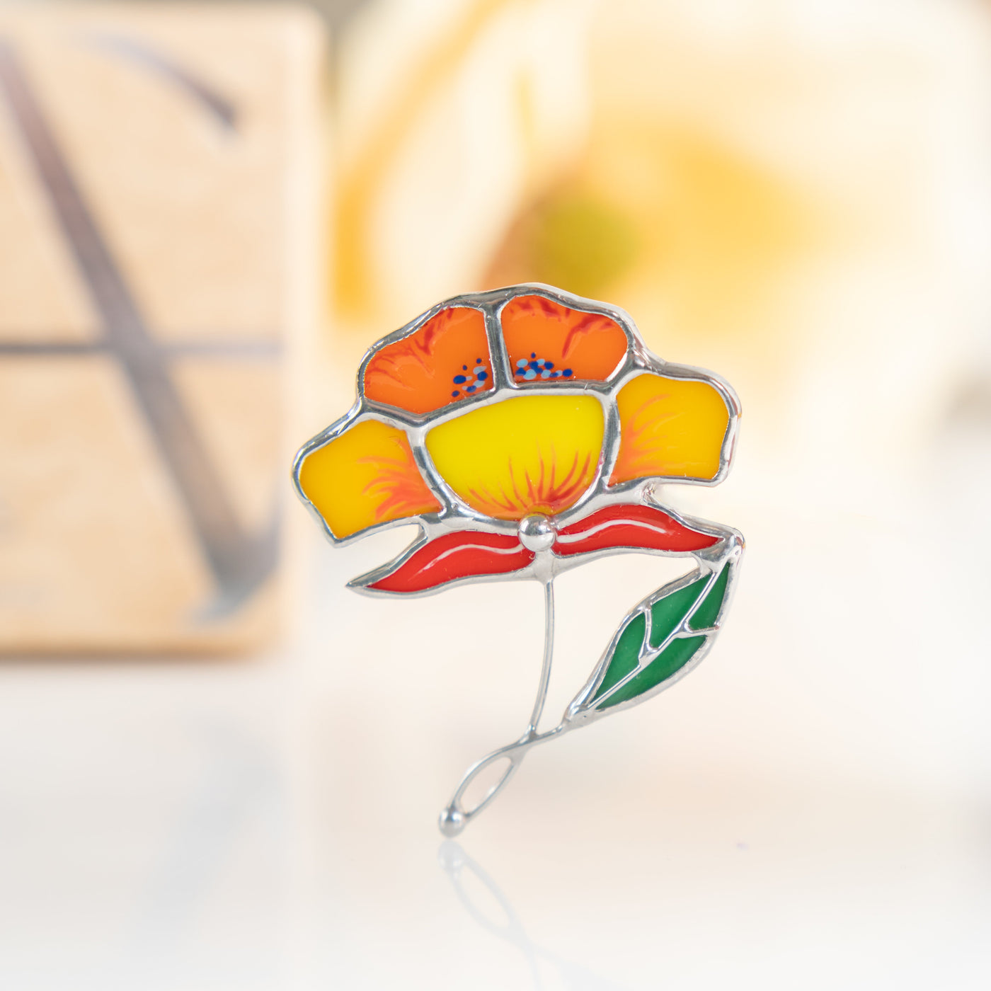 Orange peony pin of stained glass