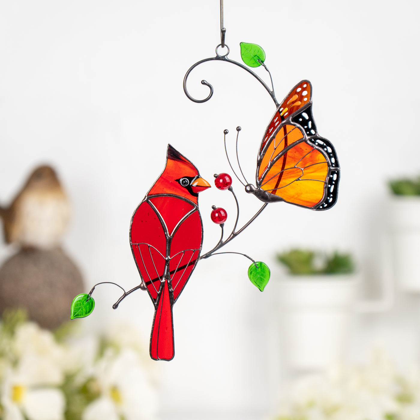 stained glass cardinal and monarch suncatcher
