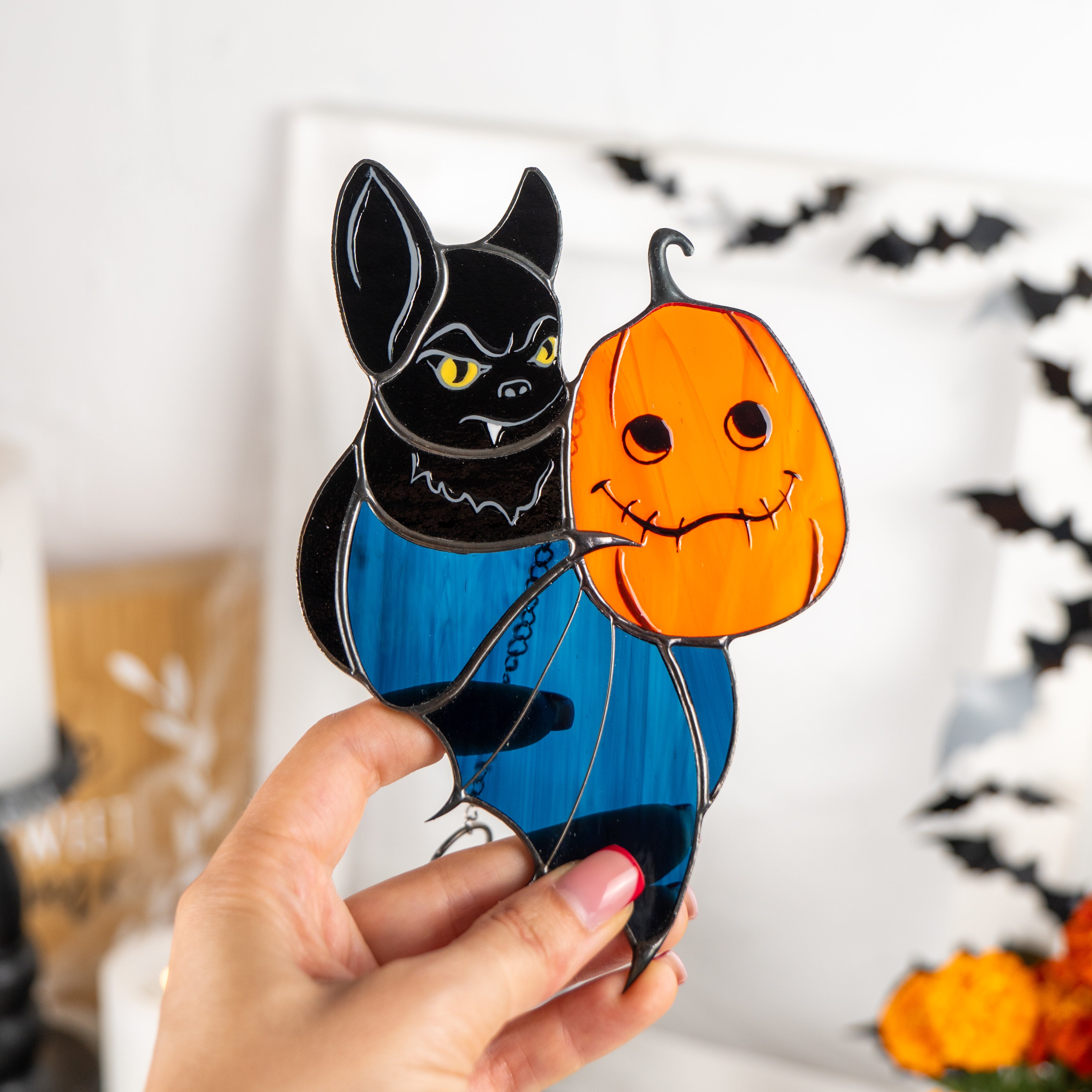 Bat with a Pumpkin - Stained Glass Suncatcher