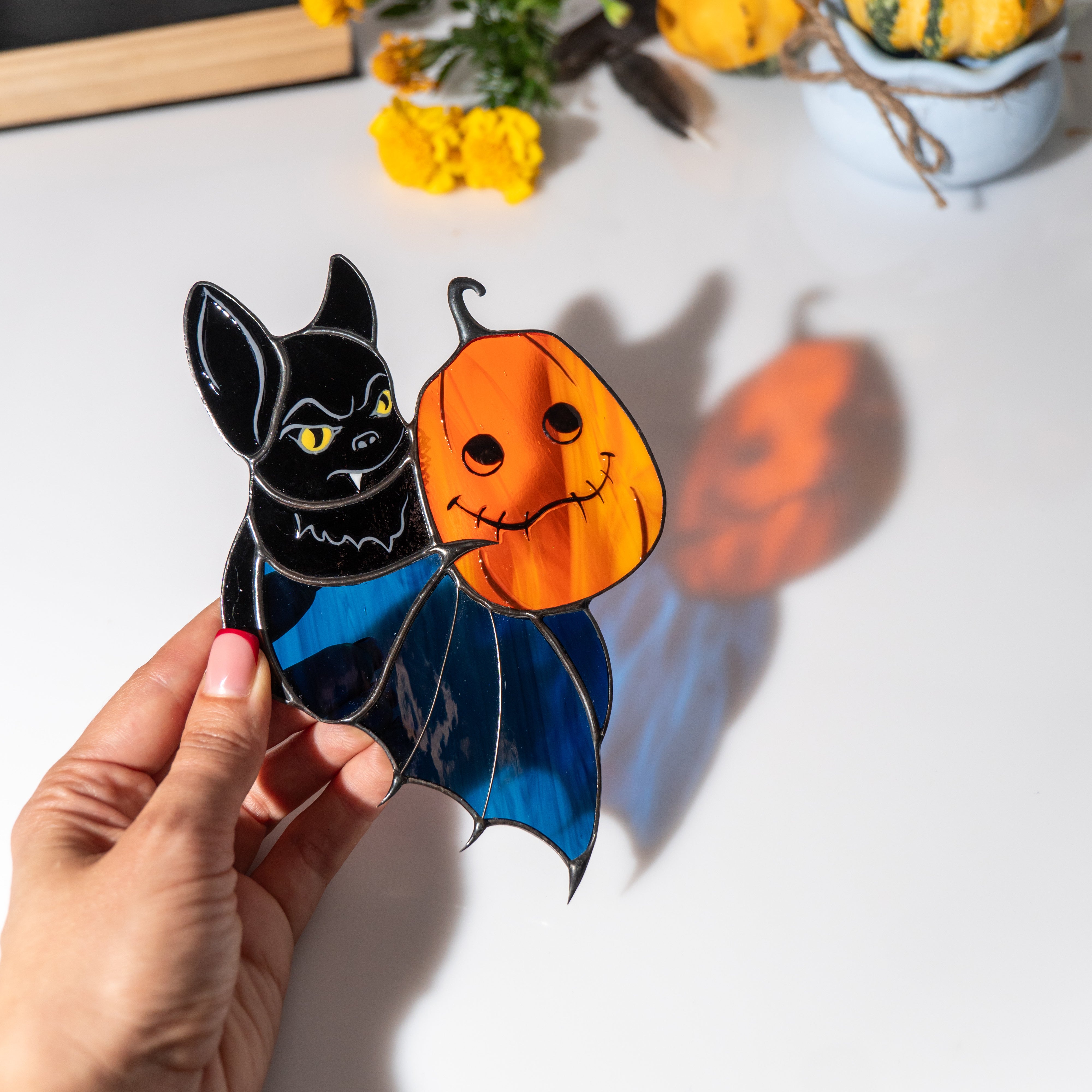 Bat with a Pumpkin - Stained Glass Suncatcher