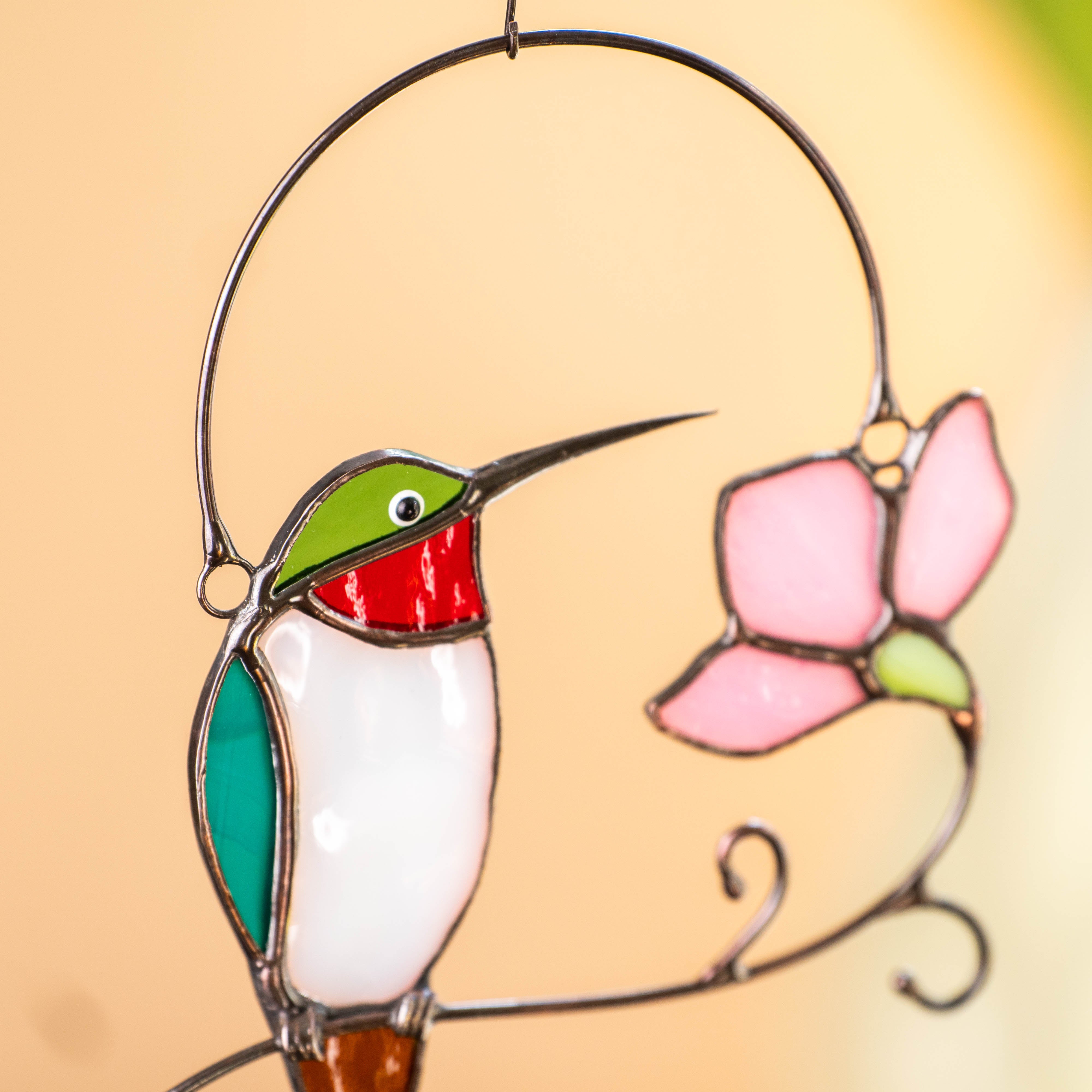 Hummingbird on a Branch with Flower - Stained Glass Suncatcher