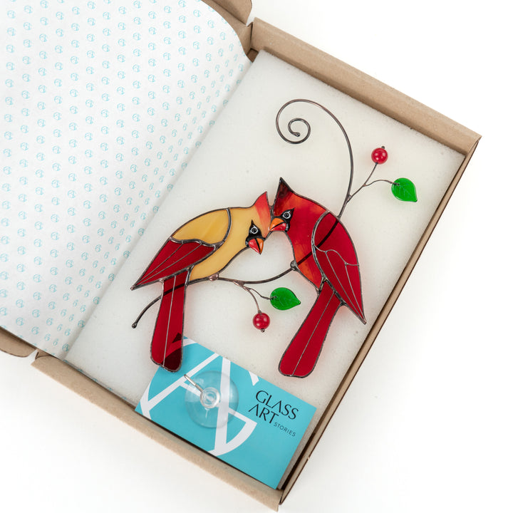 Red cardinals stained glass window hanging gift for her ideas