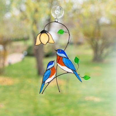 Handmade stained glass decor of bluebirds