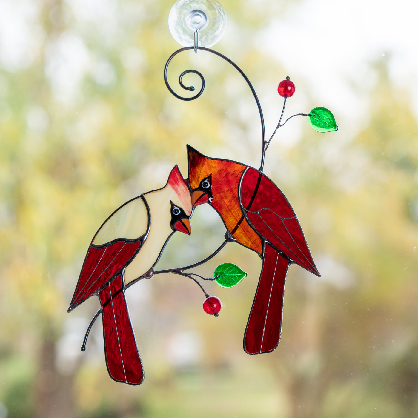 red cardinals stained glass ornament