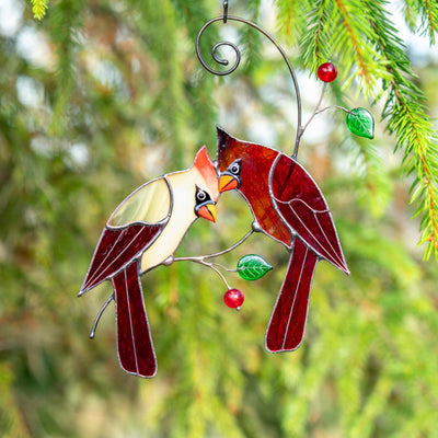pair of stained glass cardinals decoration for window