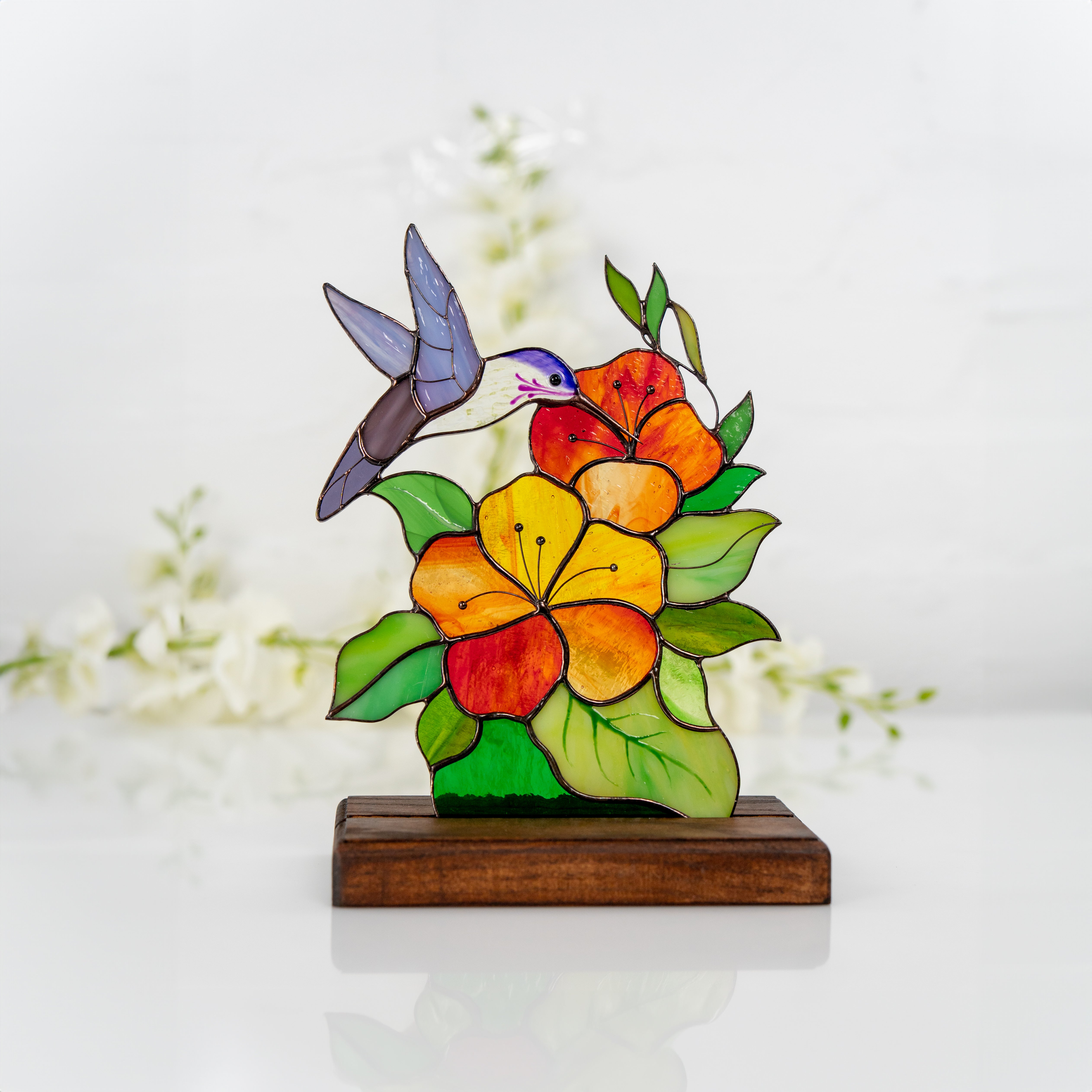 Hummingbird with Flowers on a Wooden Base - Stained Glass Panel