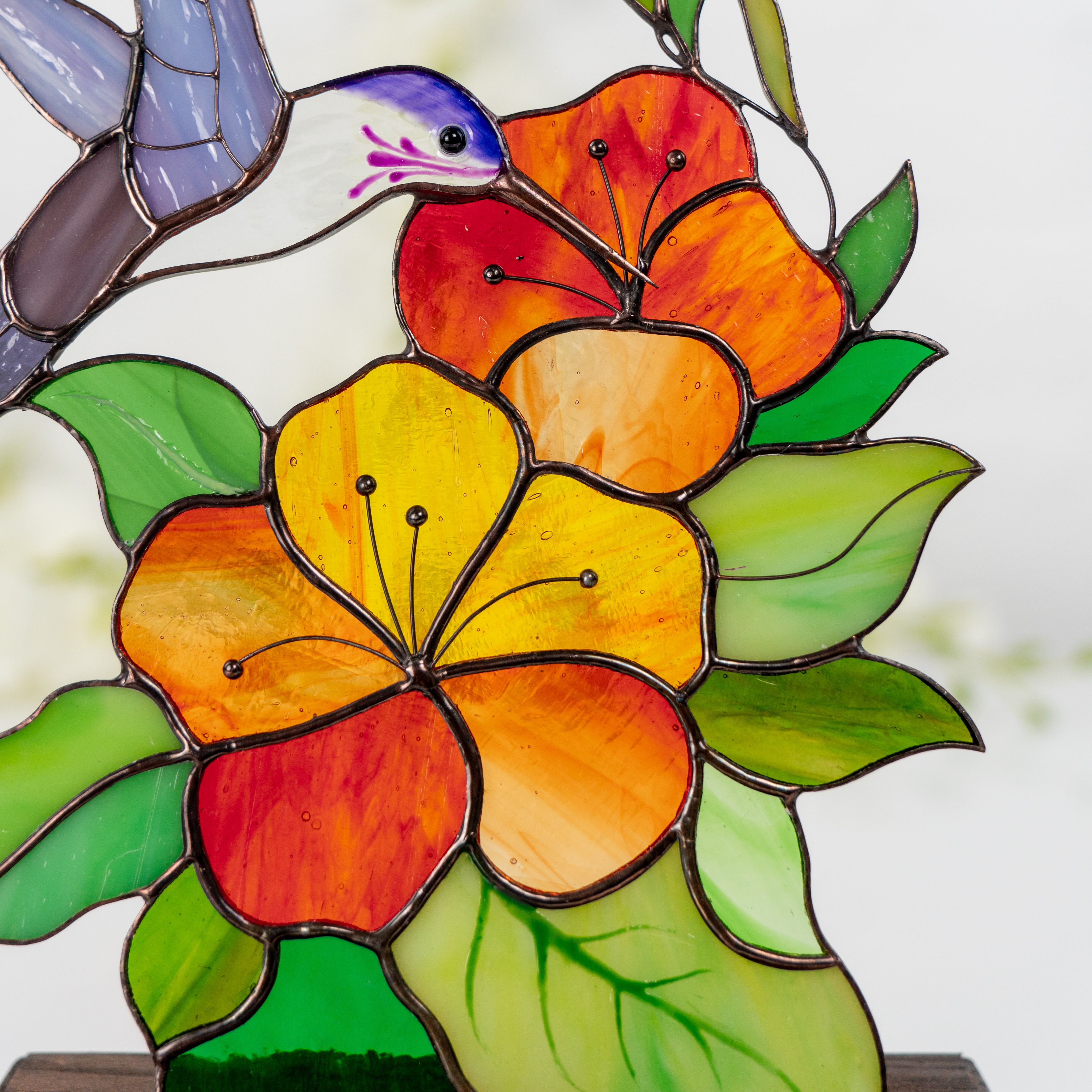 Hummingbird with Flowers on a Wooden Base - Stained Glass Panel