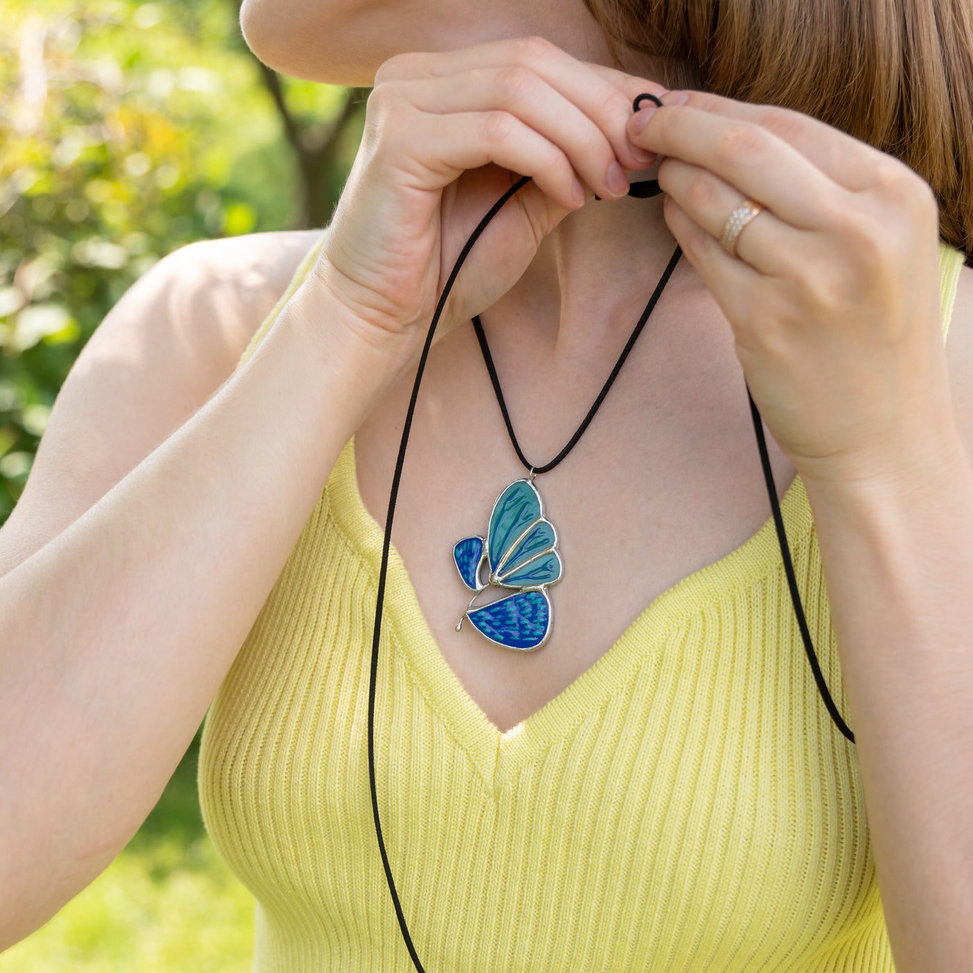 blue flower pendant made of stained glass