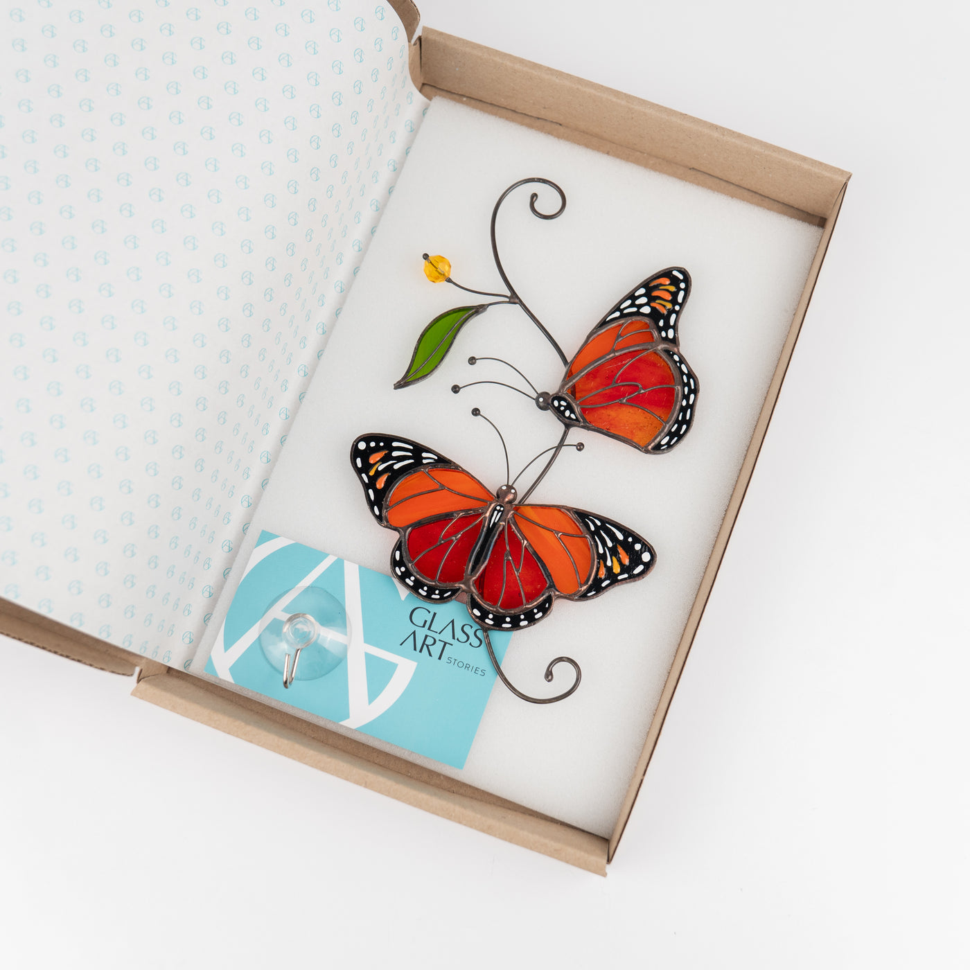 Monarch butterflies stained glass decor for window in the brand box of GlassArtStories