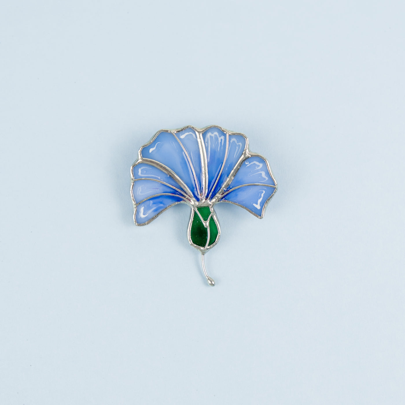 blue flower pin handmade of stained glass