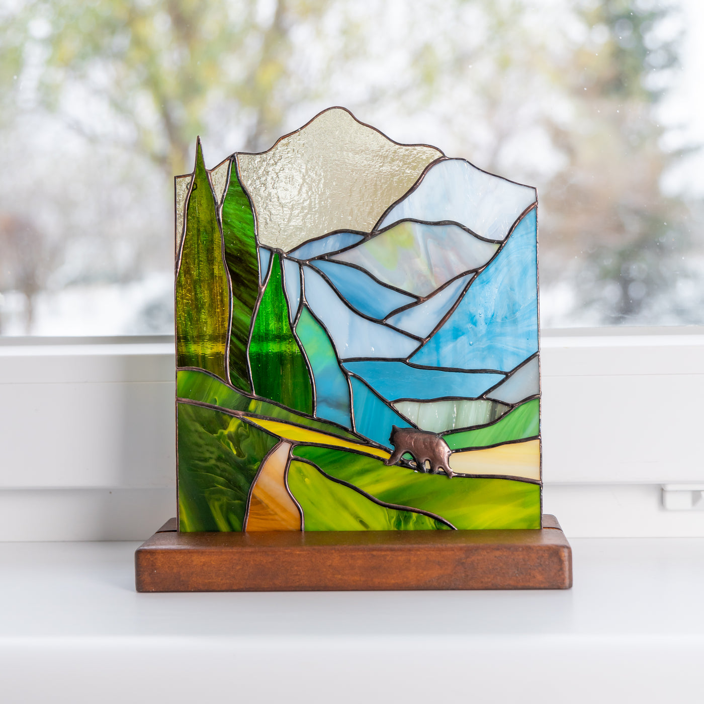 handmade glass panel on the wooden base