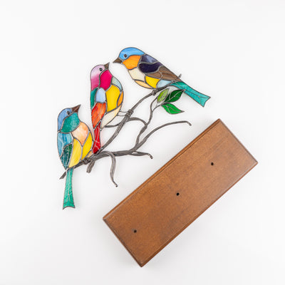 stained glass birds and the wooden base