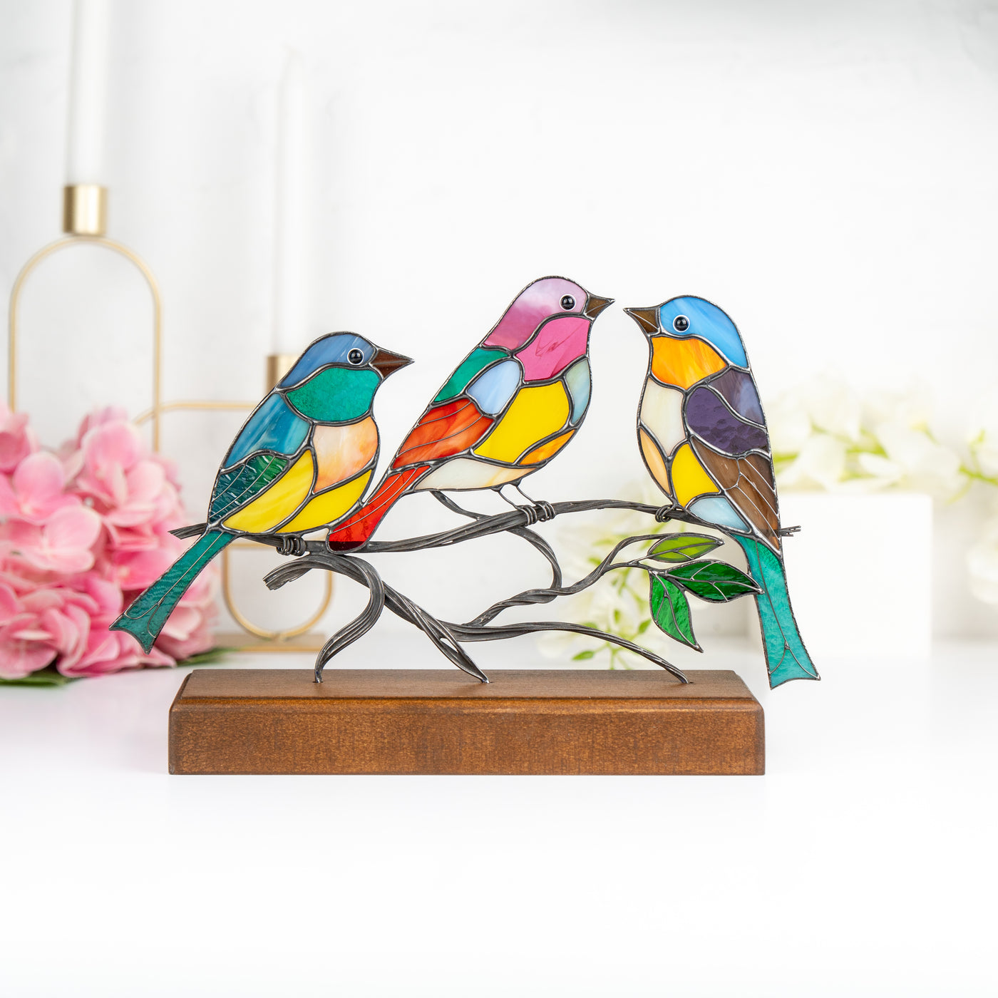 stained glass birds on the wooden base decor