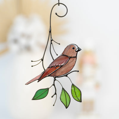 Rosefinch bird window hanging of stained glass for home decor