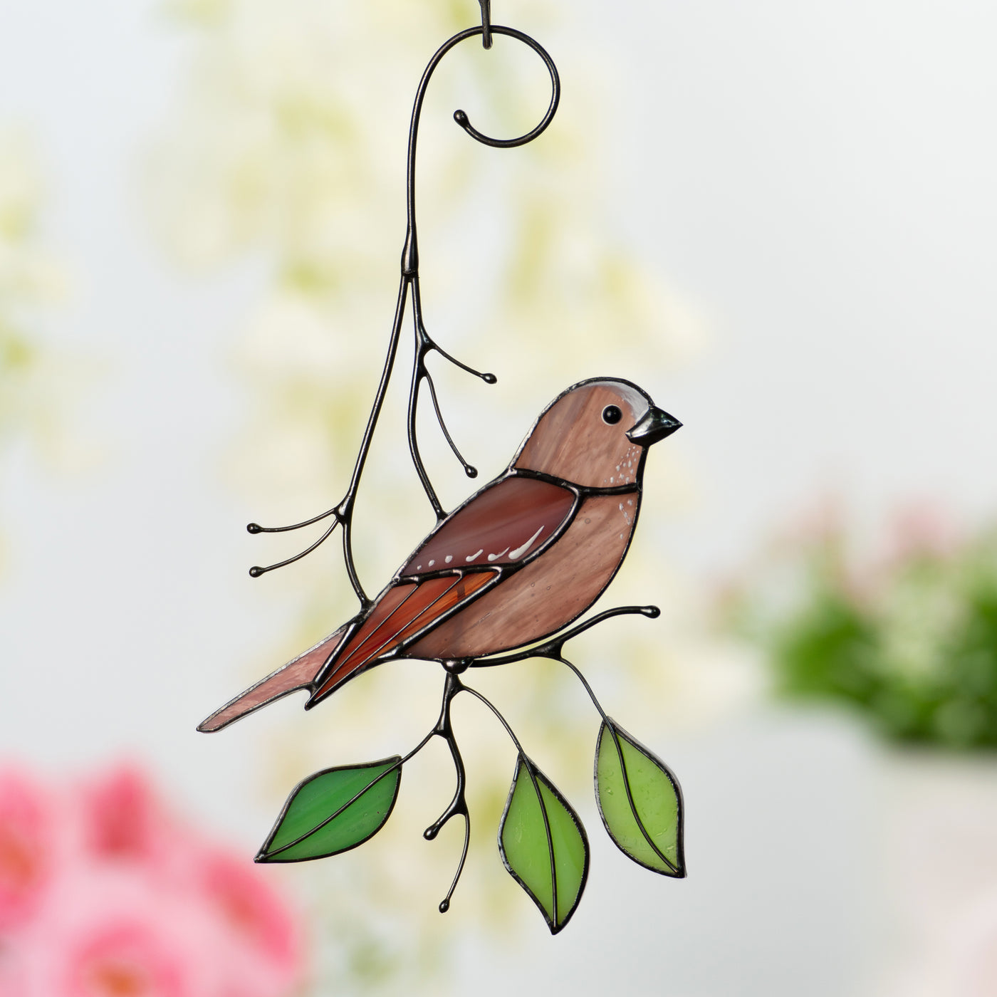 Rosefinch bird suncatcher of stained glass