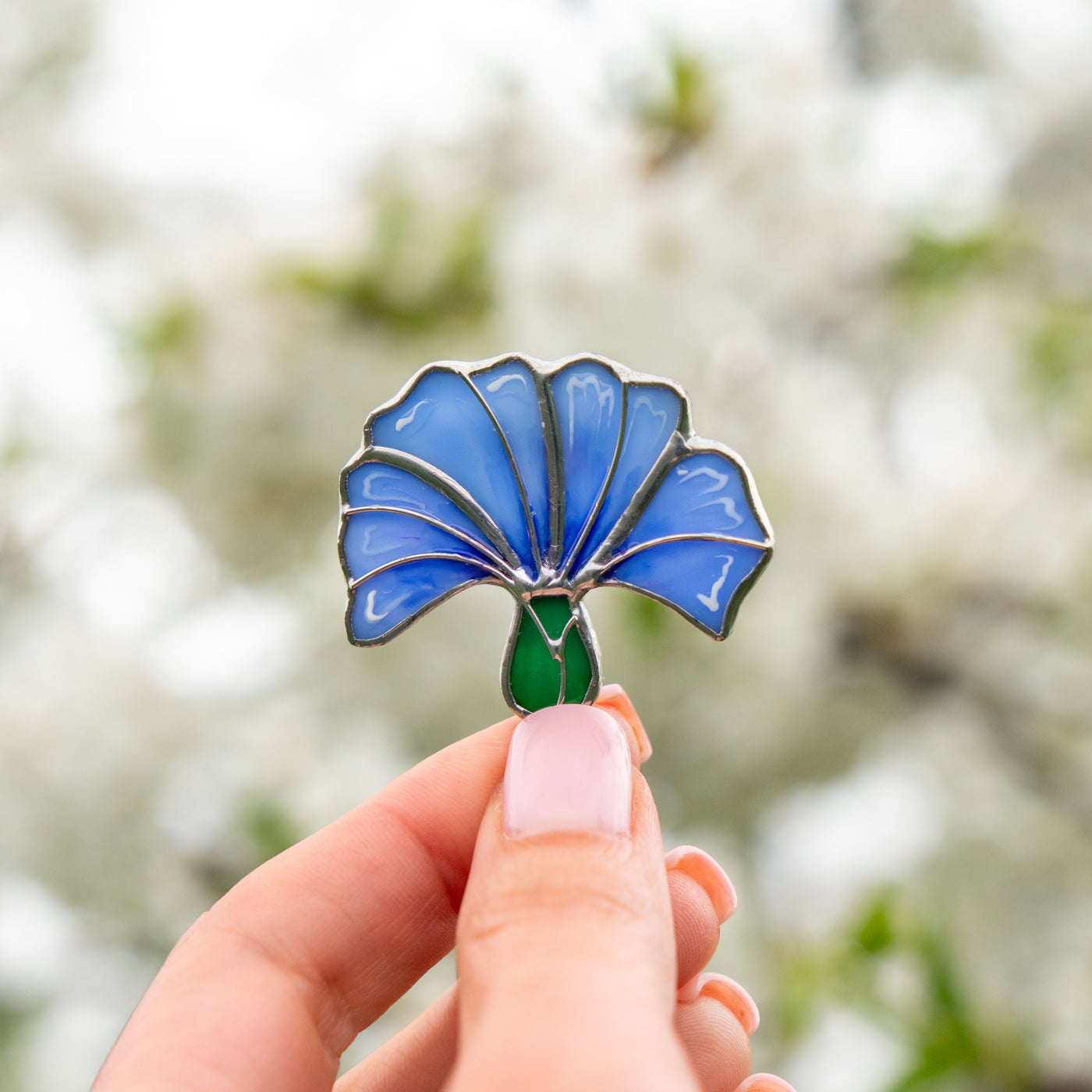 blue cornflower brooch made of modern stained glass