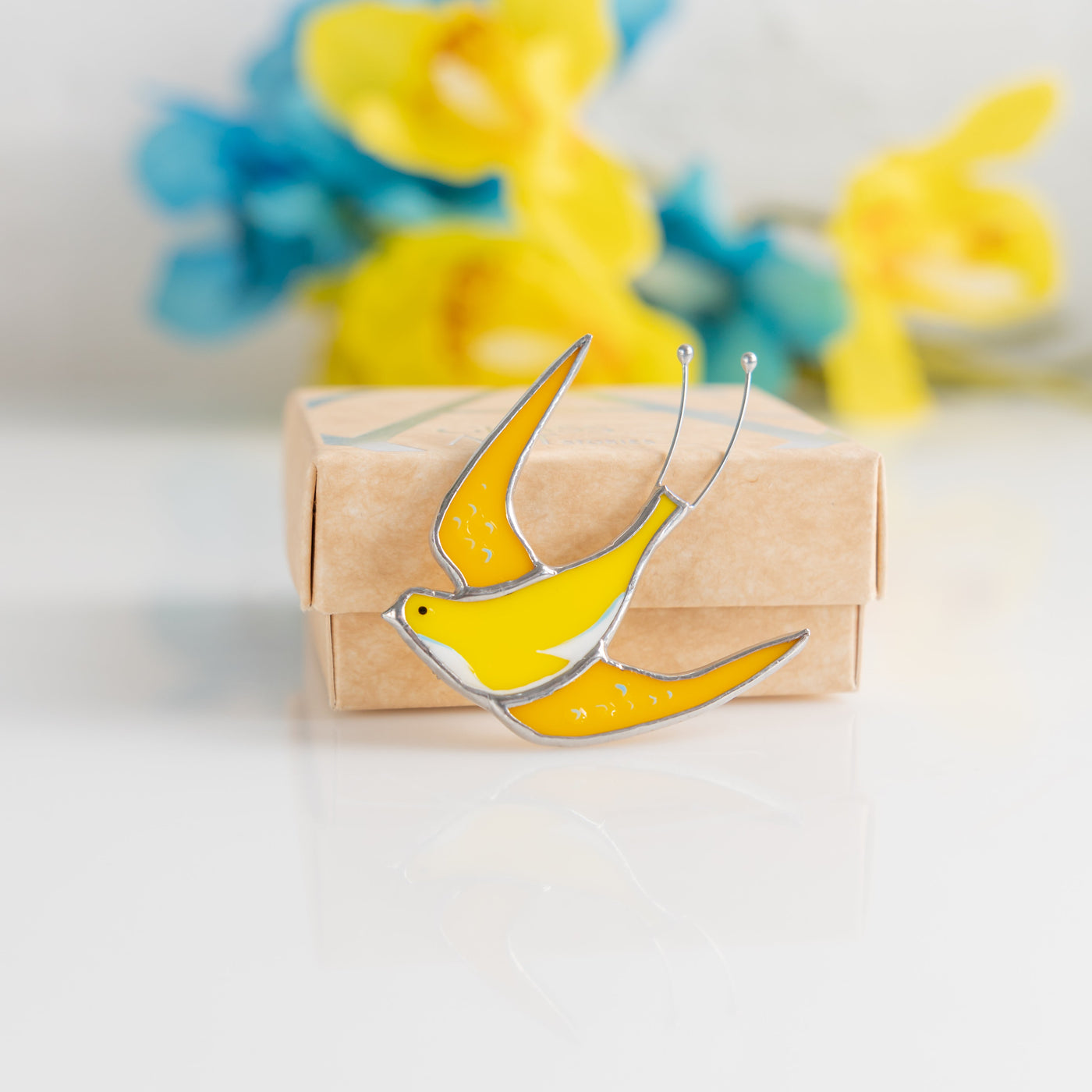 Yellow swallow bird pin of stained glass