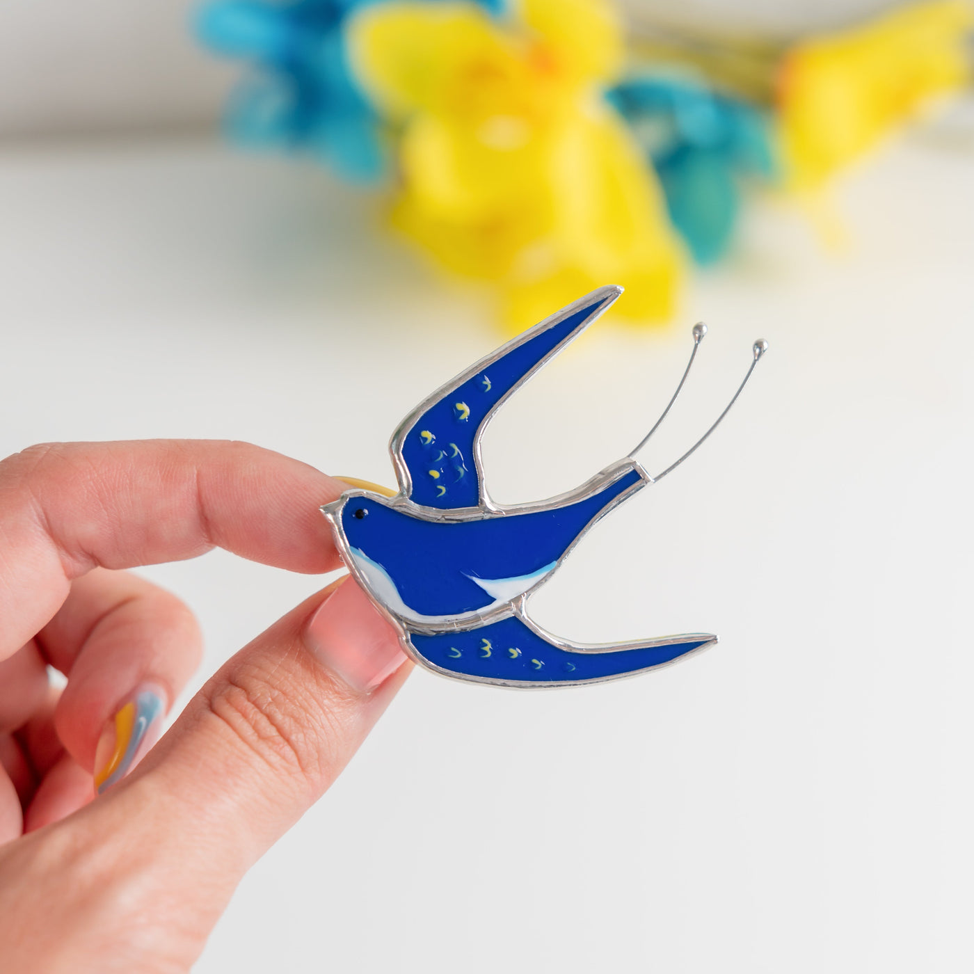 Blue swallow bird brooch of stained glass