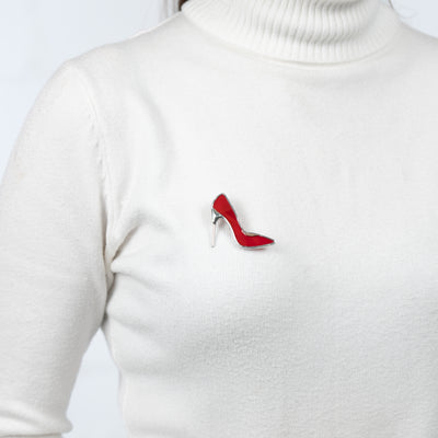  Stained glass pin of a red high heels shoe on white pullover