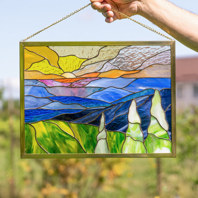 handmade glass panel of mountains