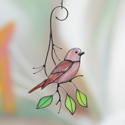 Stained glass looking right rose finch on the branch with three leaves suncatcher