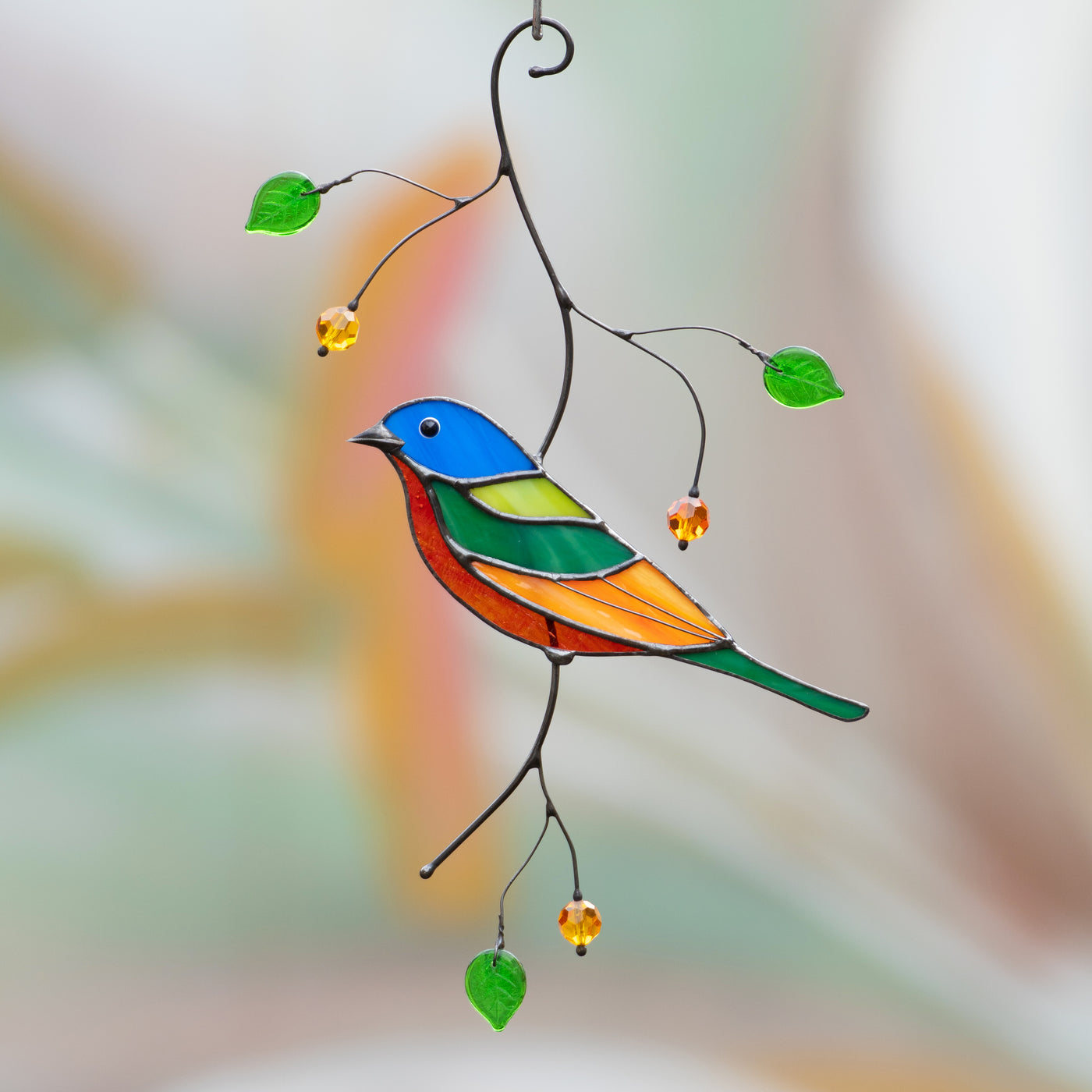 Stained glass handmade painting bunting bird window hanging