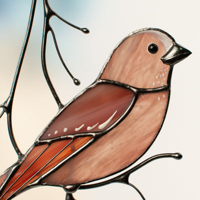 Zoomed stained glass rose finch bird suncatcher