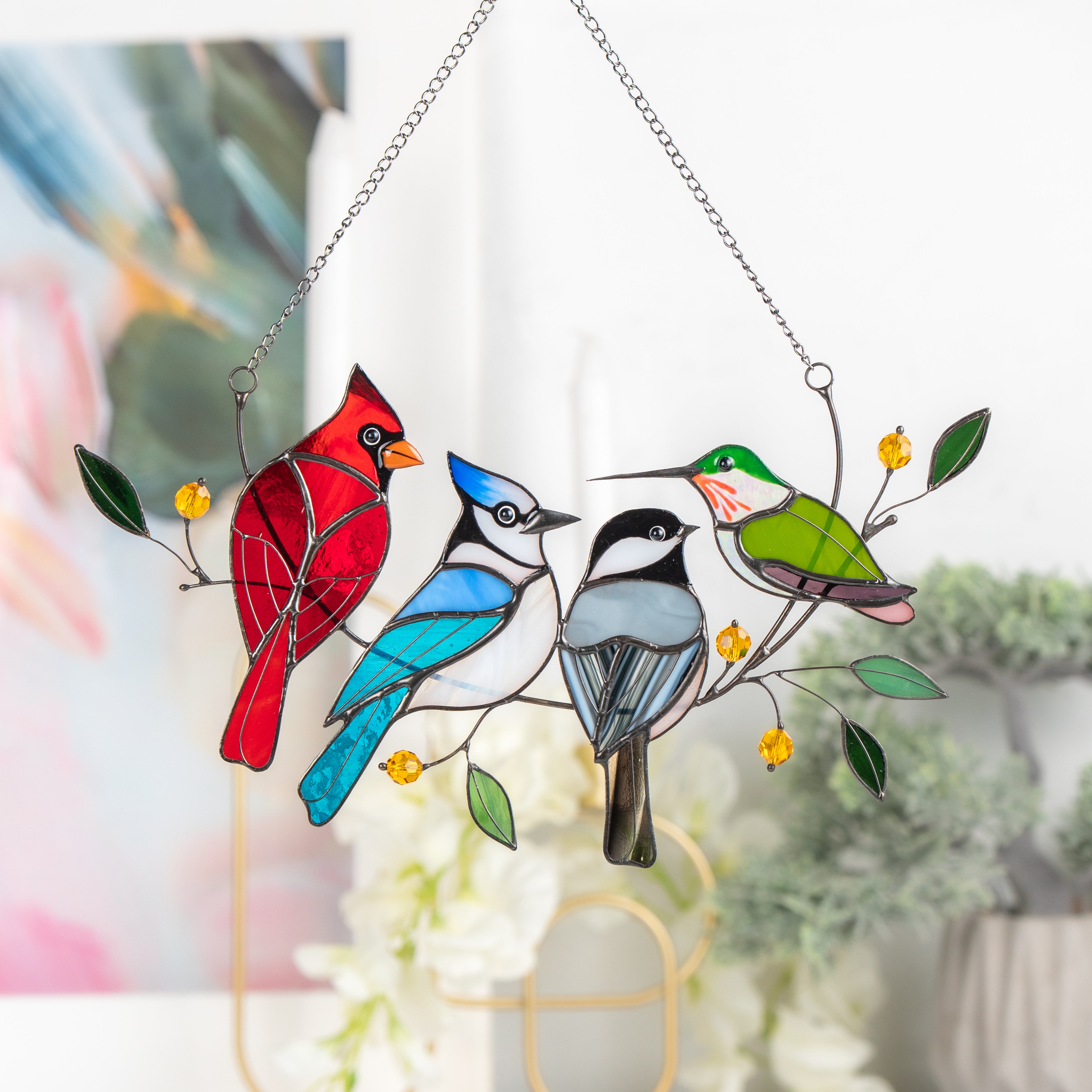 Four Birds on a Branch - Stained Glass Suncatcher