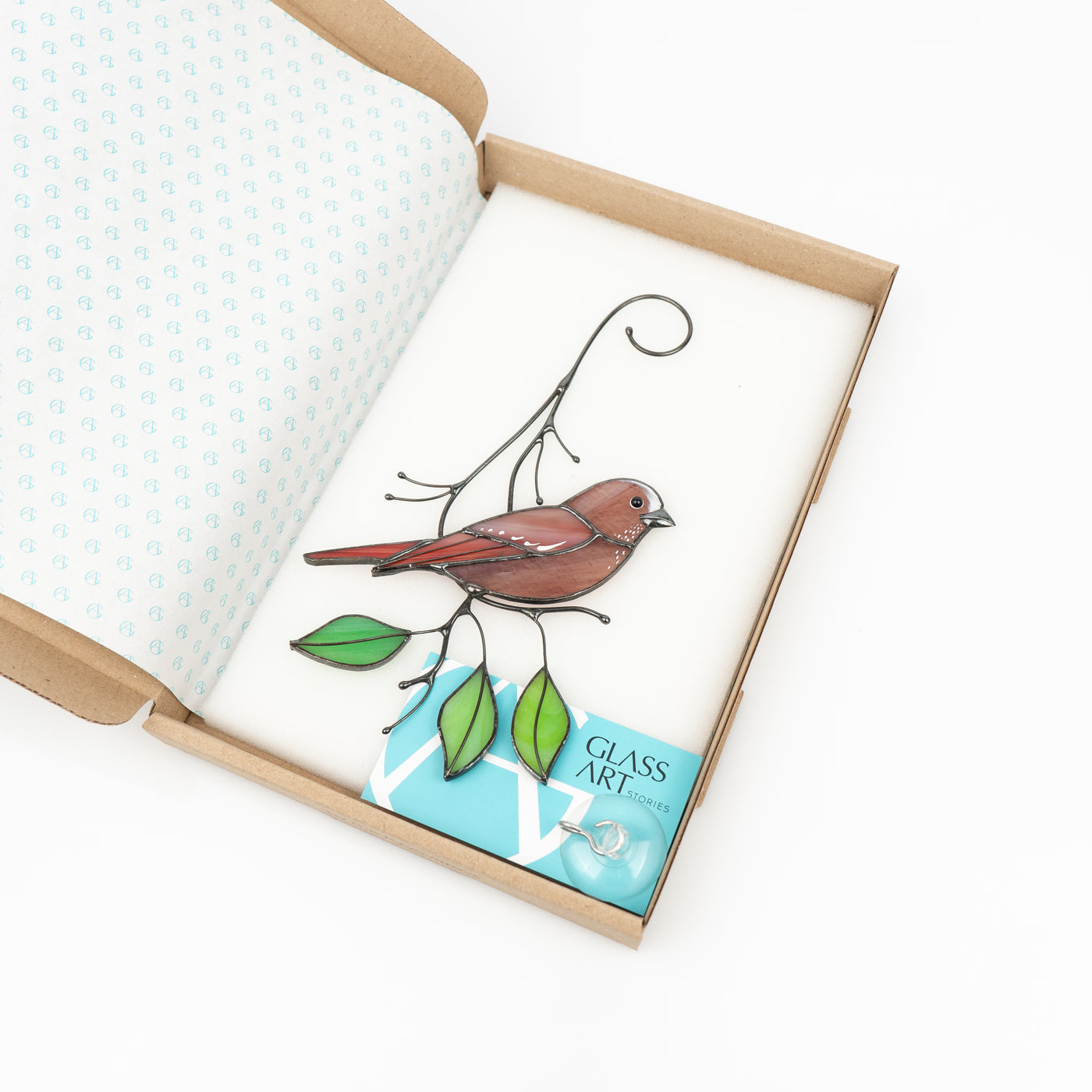 Stained glass rosefinch bird suncatcher in a brand box