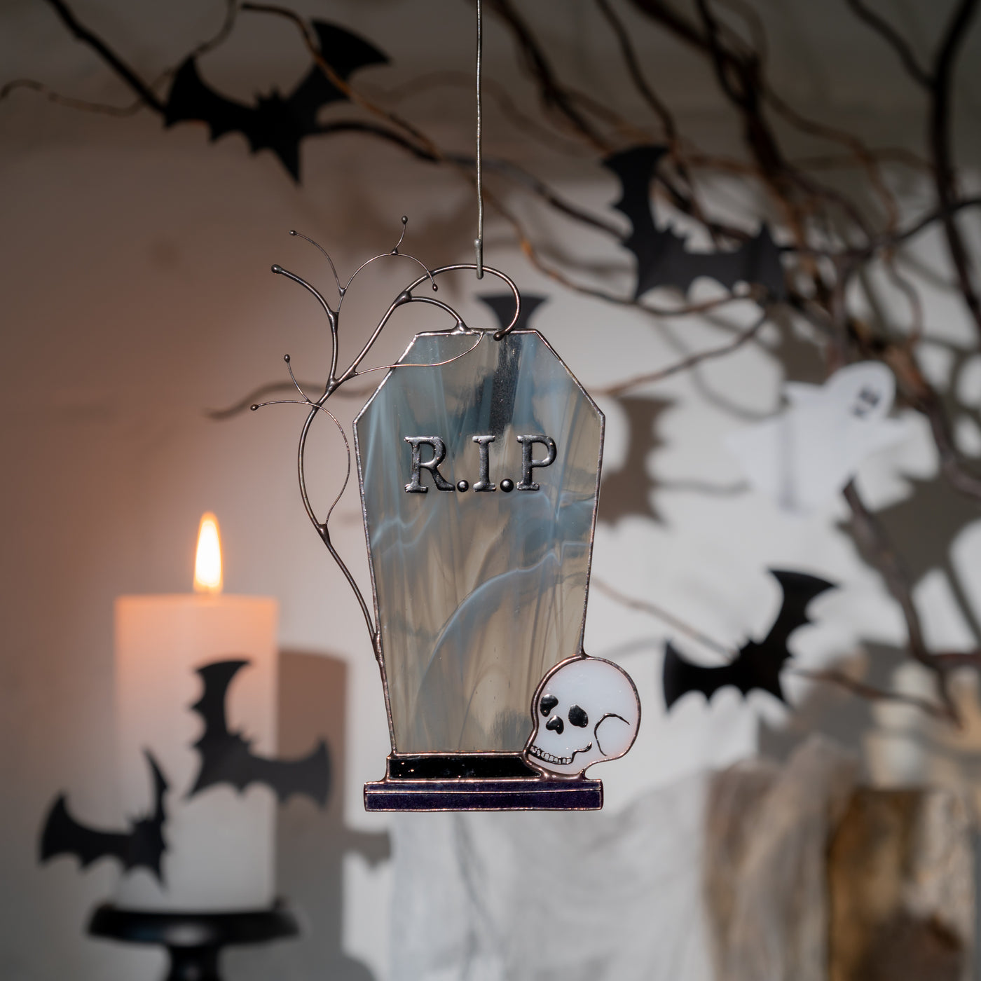 RIP tomb suncatcher for Halloween of stained glass