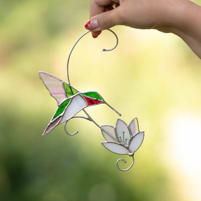Stained glass ruby-throated hummingbird with the flower suncatcher