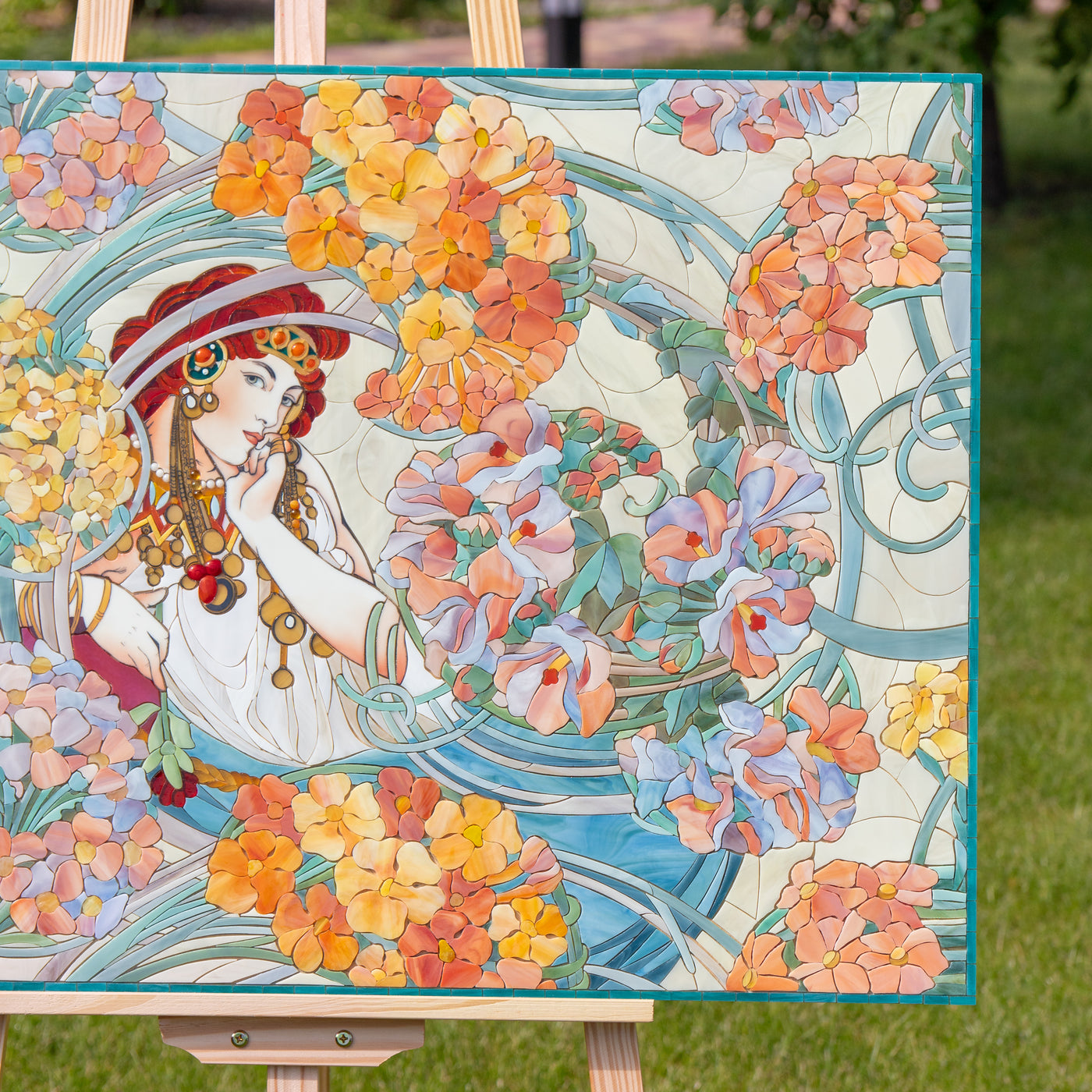 colorful byzantine mosaic by alphonso mucha made of modern stained glass