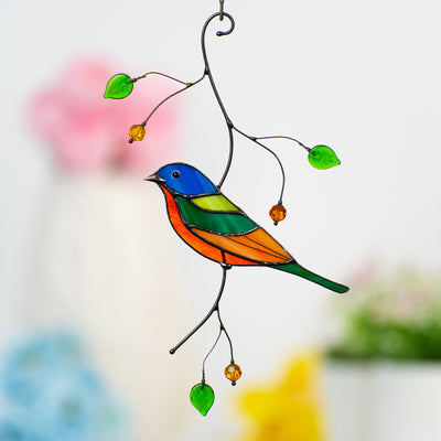 Stained glass painting bunting bird on the branch window hanging