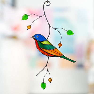Colorful stained glass painting bunting bird suncatcher
