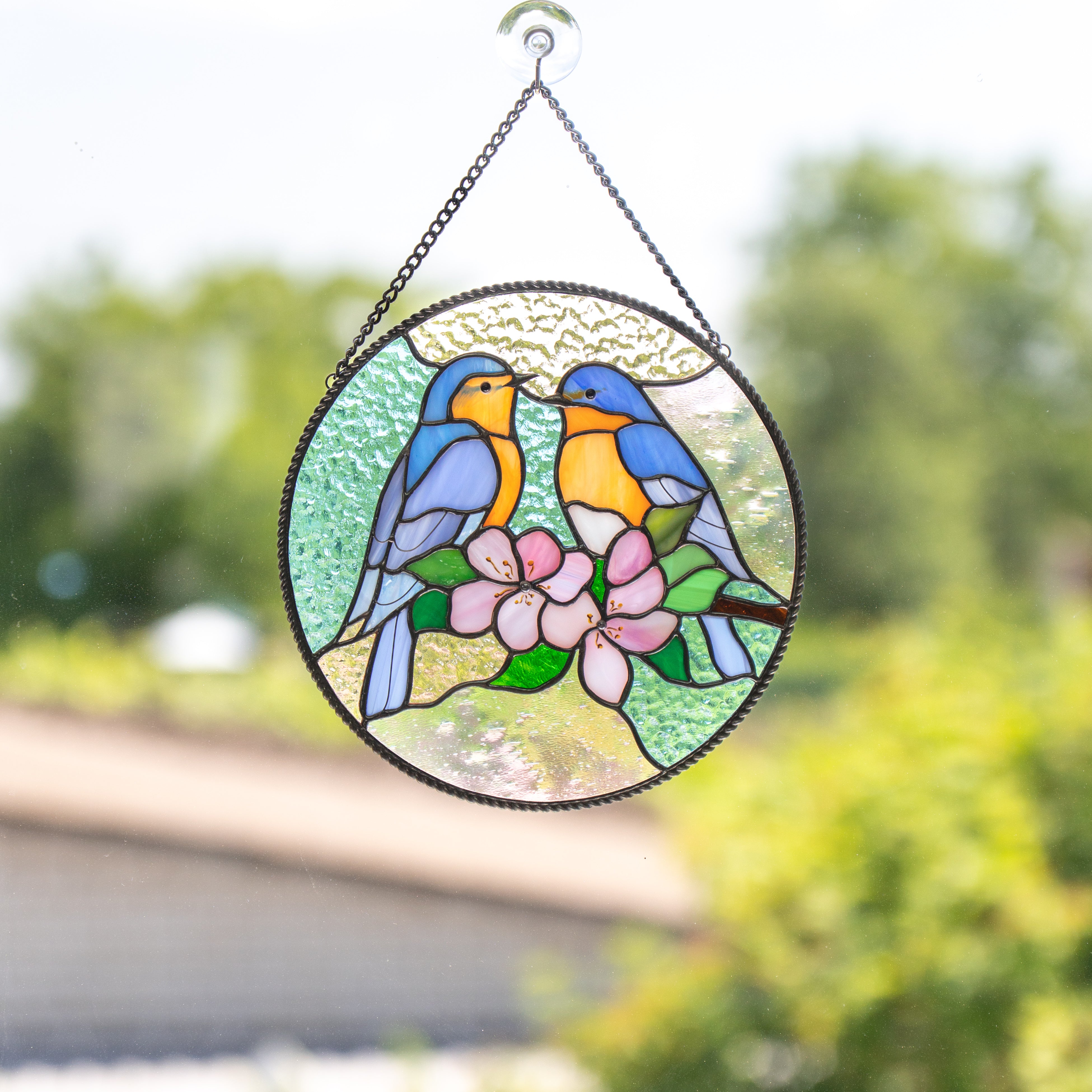 bluebirds decor for window made of strained glass
